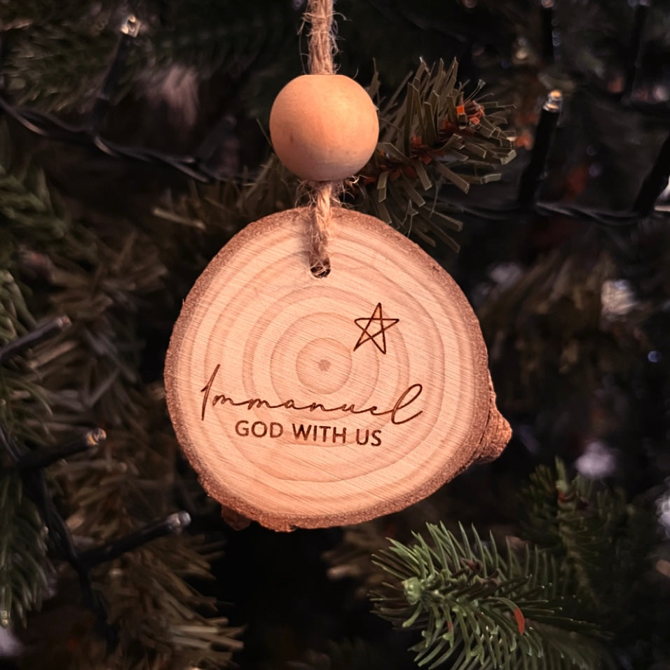 ❆‘Immanuel God with us' log slice Christmas bauble