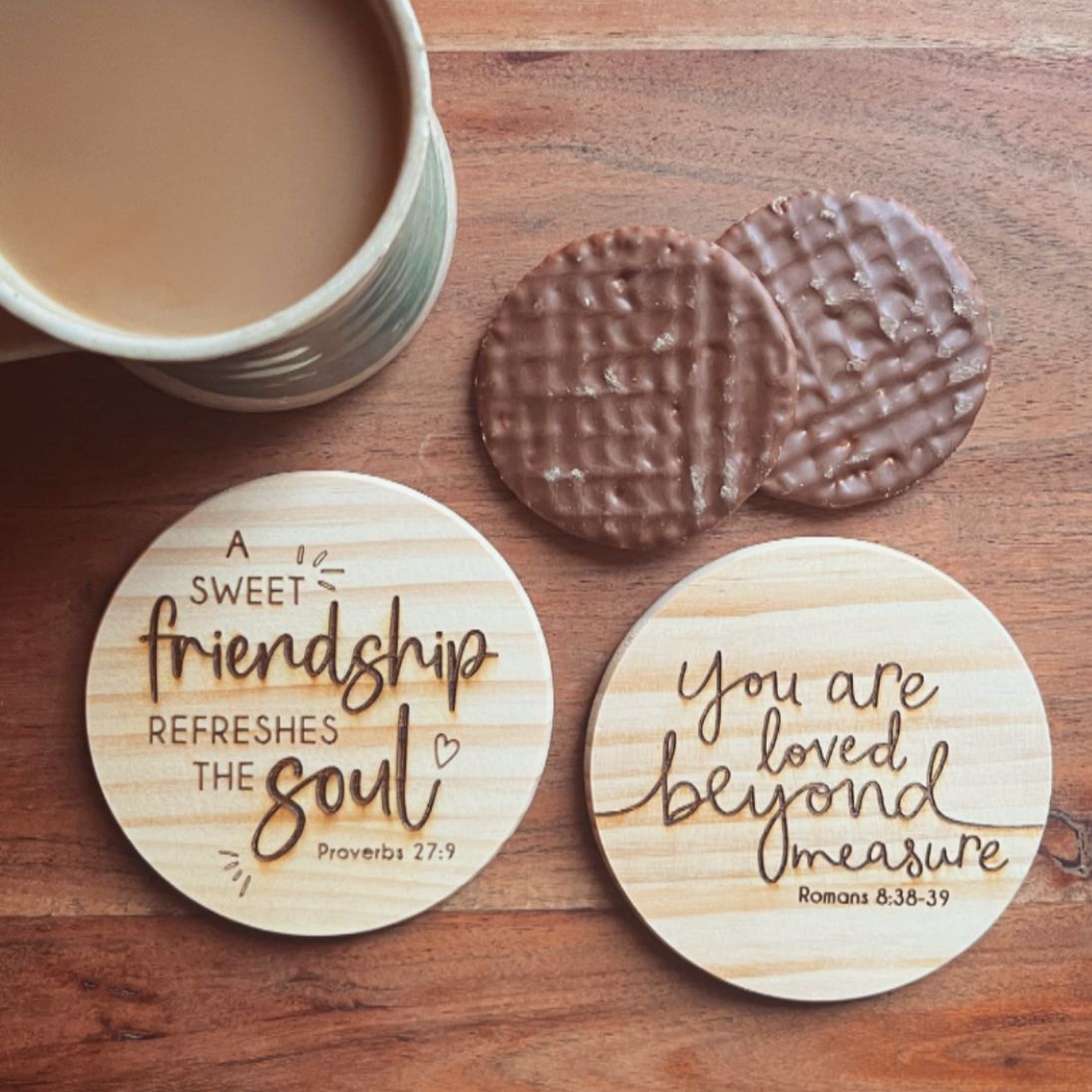 'A sweet friendship refreshes the soul' wooden coaster