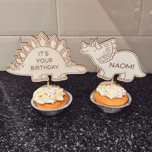 Personalised wooden dinosaur cake toppers - set of 2