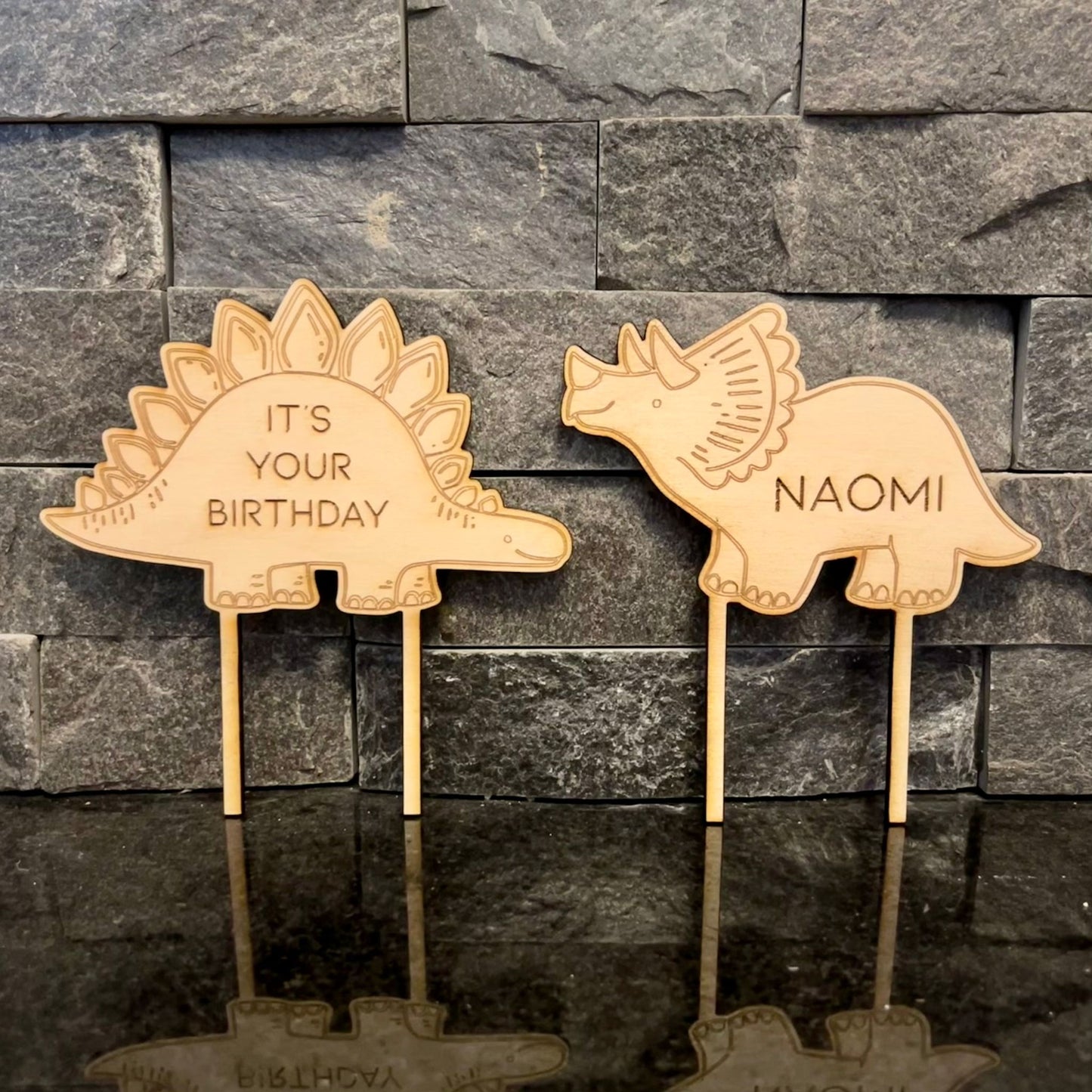 Personalised wooden dinosaur cake toppers - set of 2