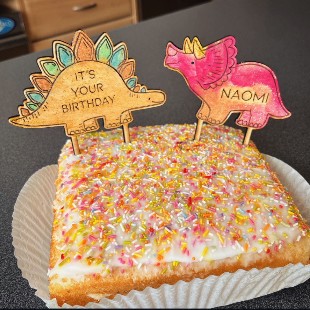 Personalised wooden dinosaur cake toppers - set of 2