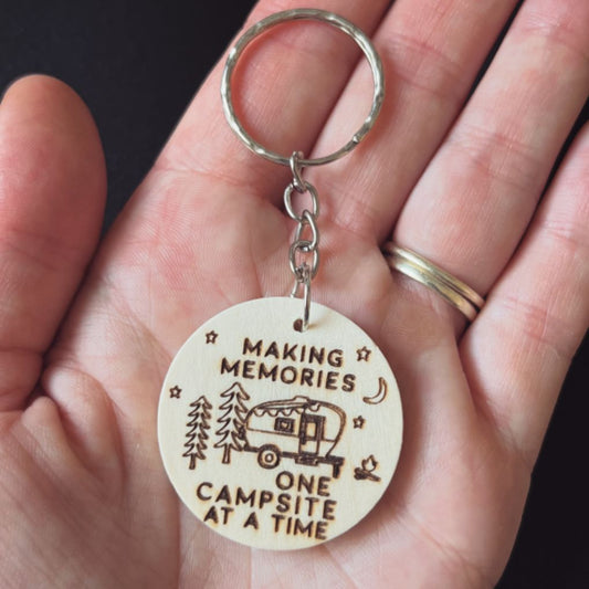 'Making memories' caravan wooden keyring