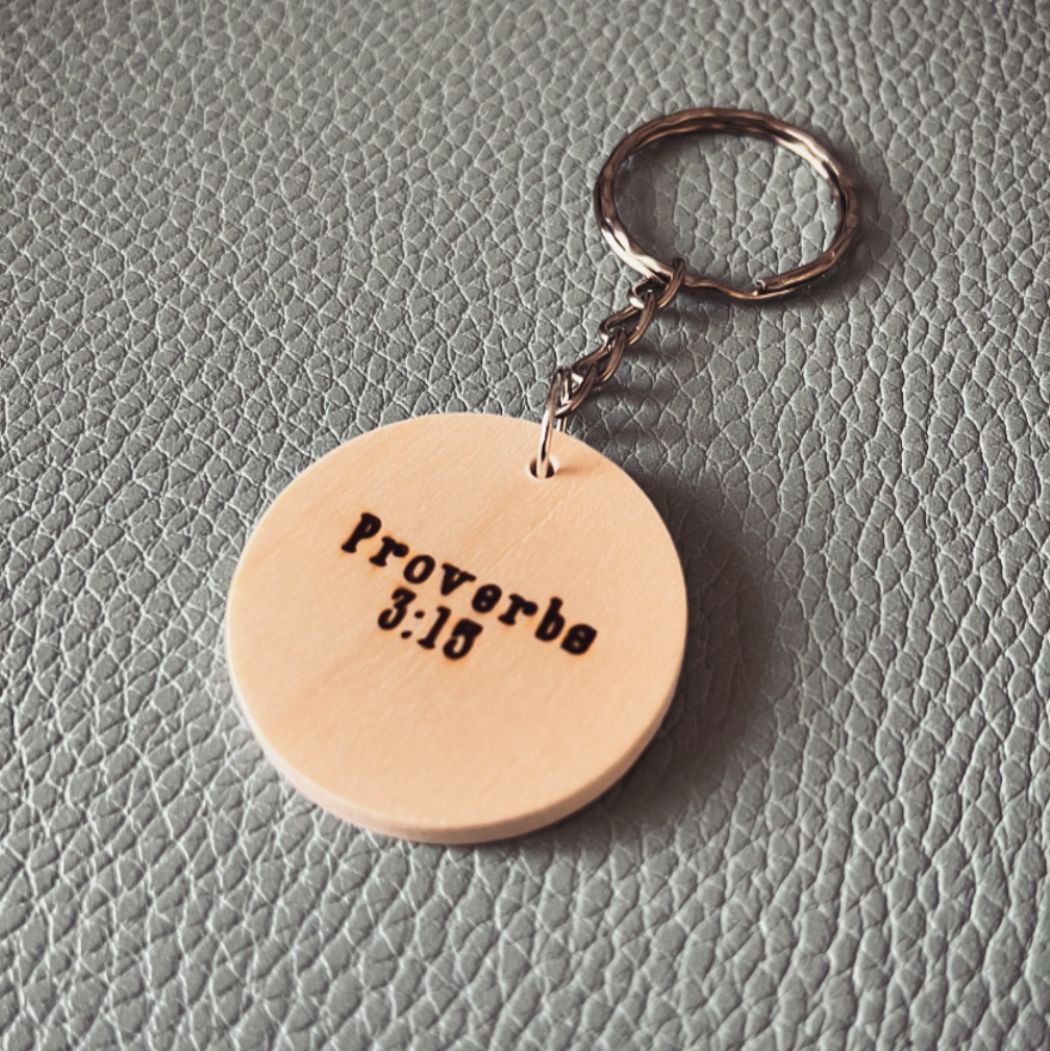 'She is more precious than rubies' wooden keyring