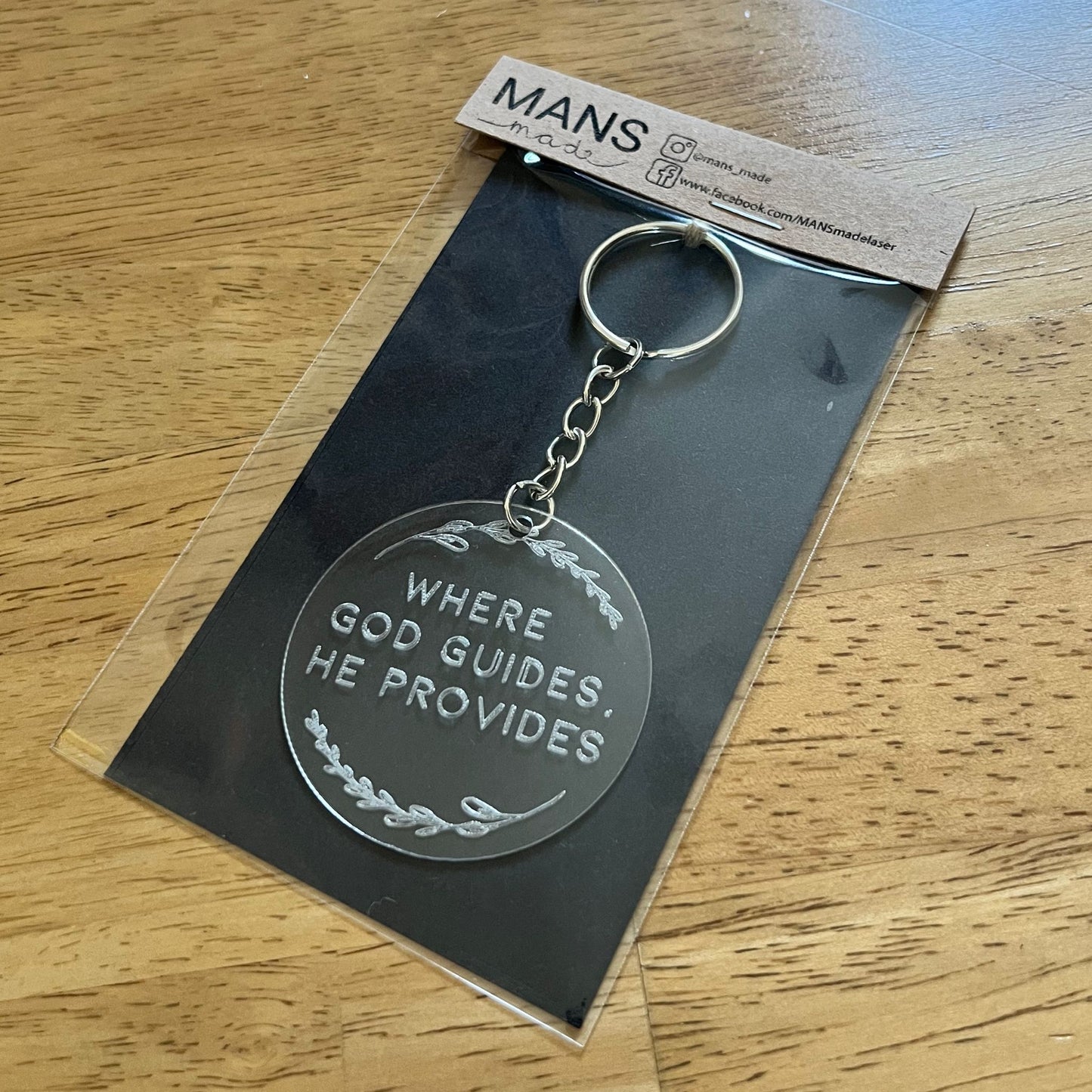 'Where God guides, He provides' acrylic keyring