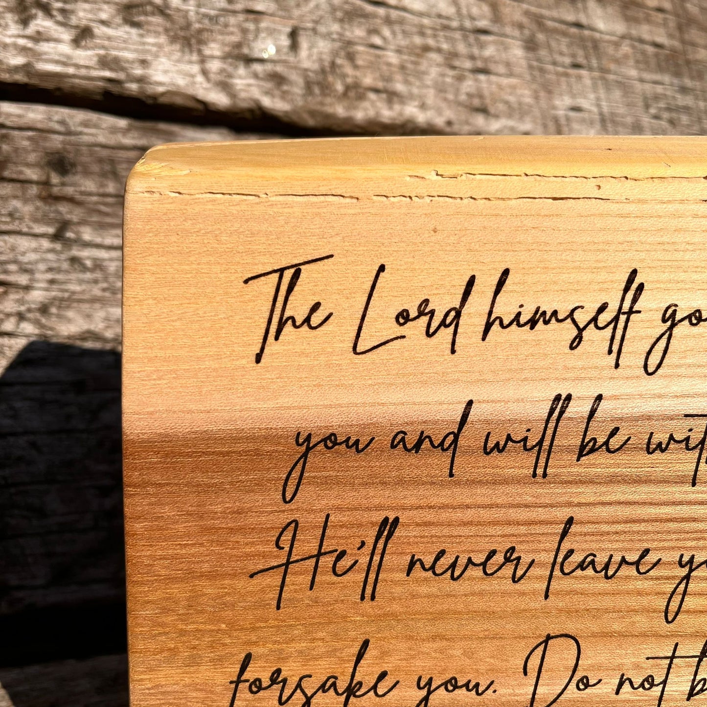 'The Lord himself goes before you' - live edge decorative plaque