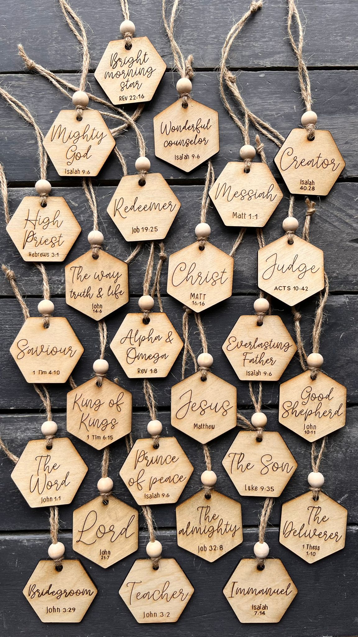 'Names of Christ advent baubles' - set of 25 wooden baubles