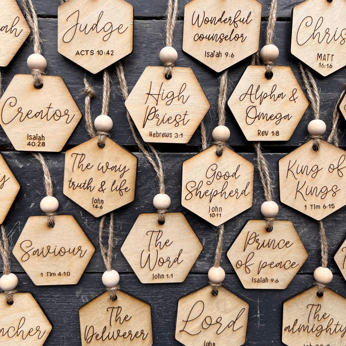 'Names of Christ advent baubles' - set of 25 wooden baubles