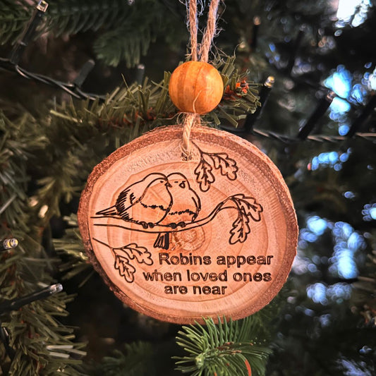 ‘Robins appear’ remembrance log slice bauble