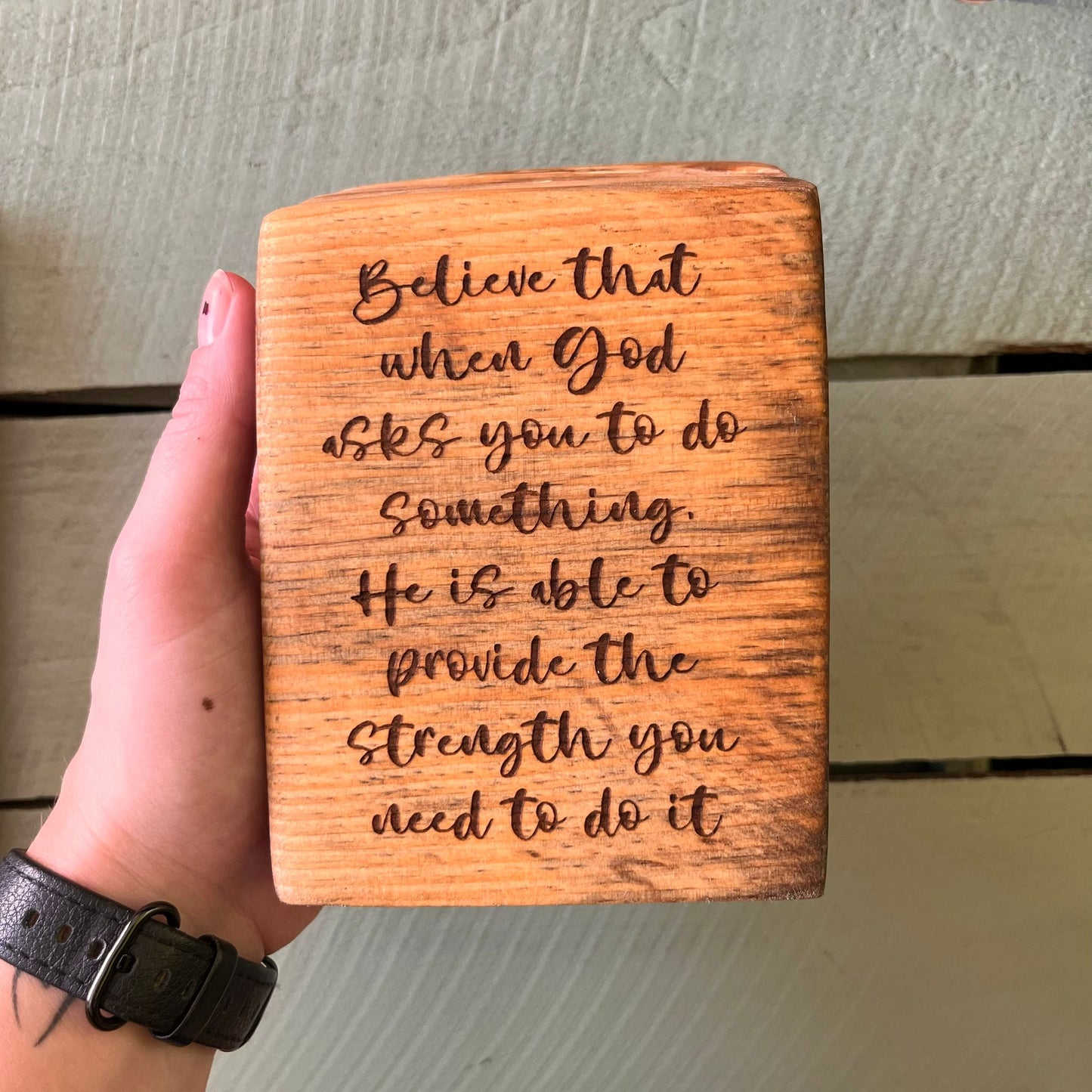 'He is able to provide the strength you need' - live edge decorative plaque