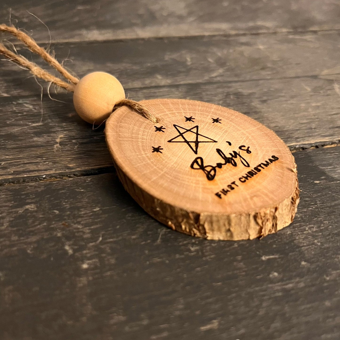 ❆ SALE - END OF LINE ❆ 'Baby's first Christmas' bauble - log slice