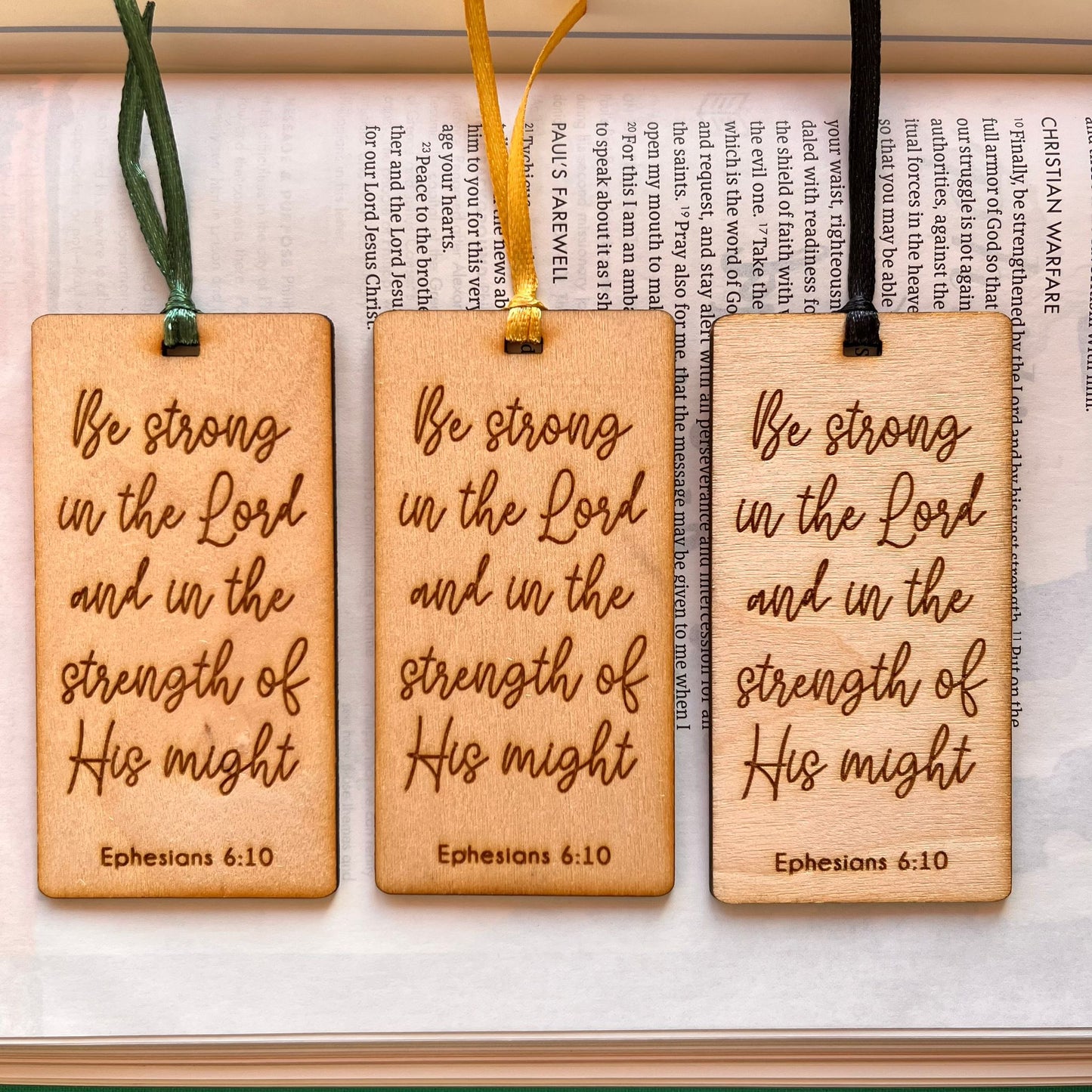 'Be strong in the Lord' laser engraved wooden bookmark