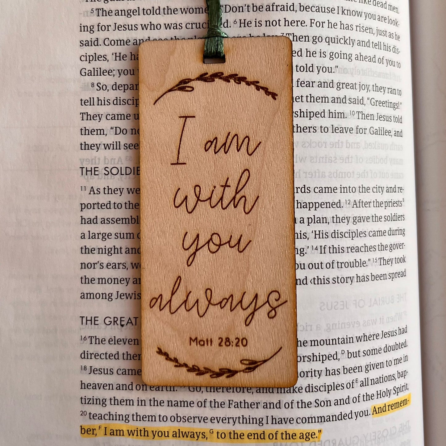 'I am with you always' laser engraved wooden bookmark