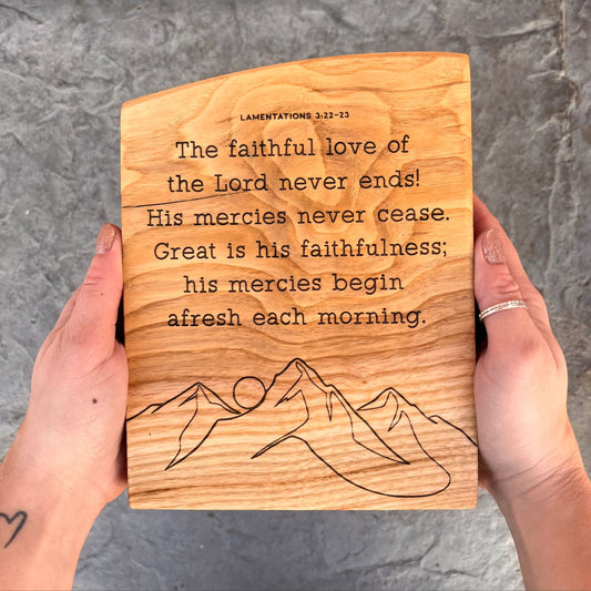 'Great is his faithfulness' laser engraved live edge plaque