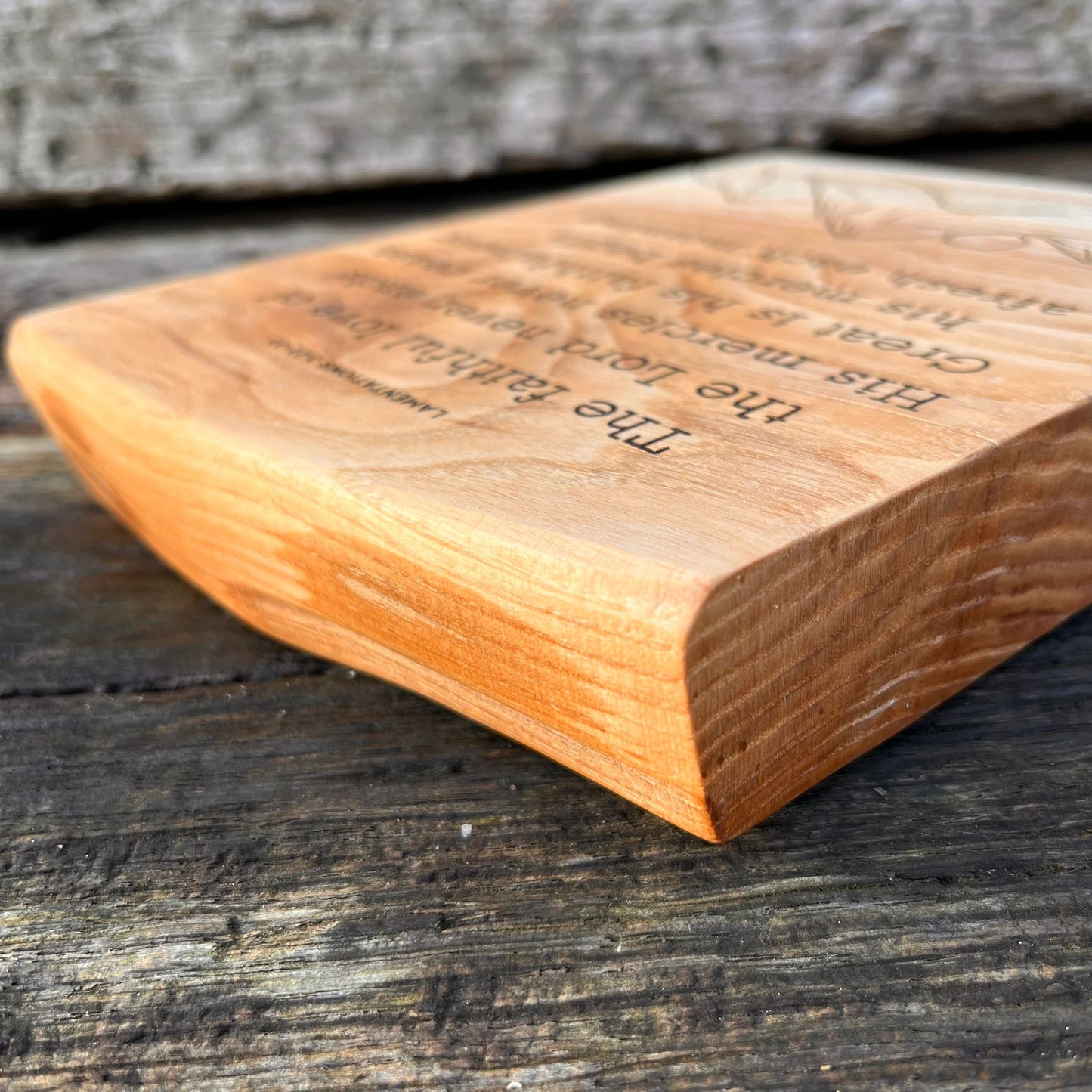 'Great is his faithfulness' laser engraved live edge plaque