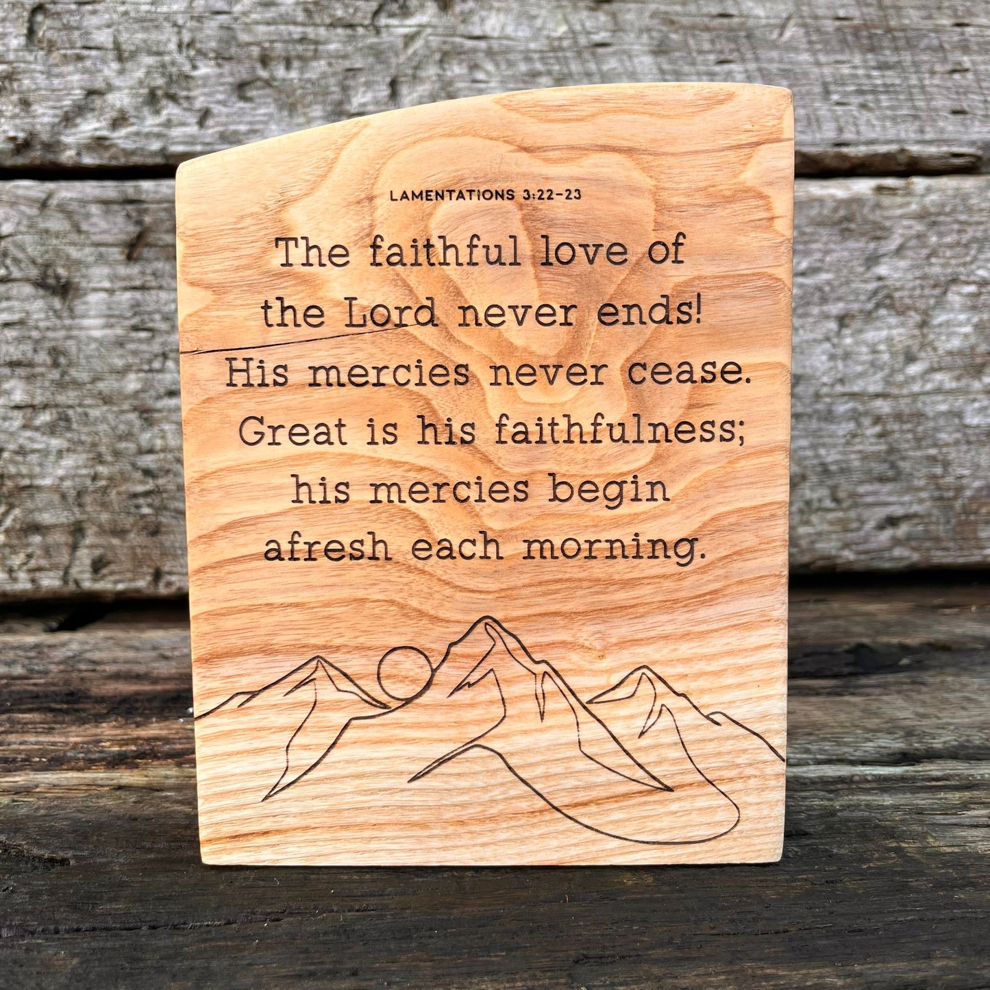 'Great is his faithfulness' laser engraved live edge plaque