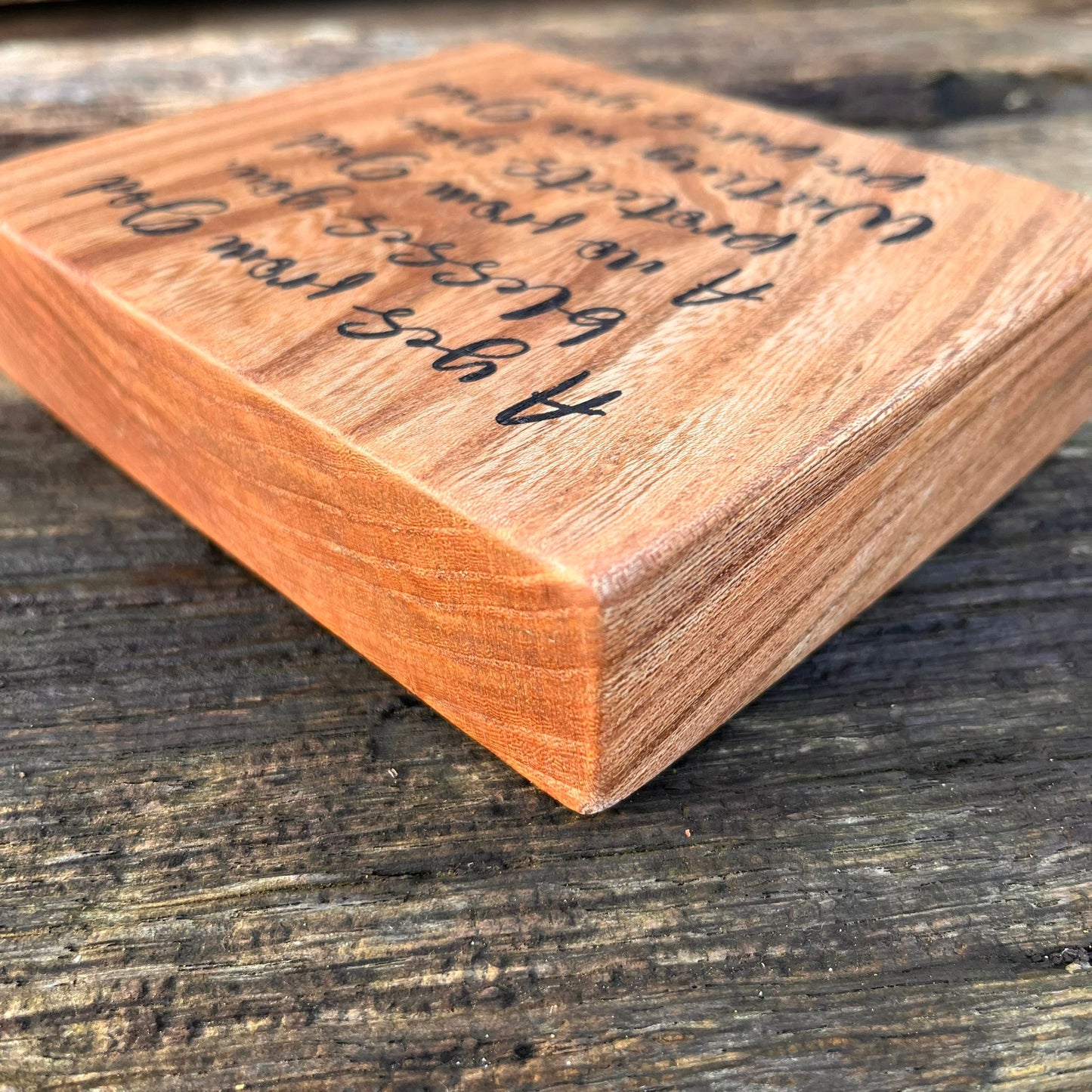 'God...blesses, protects, prepares' - laser engraved live edge plaque