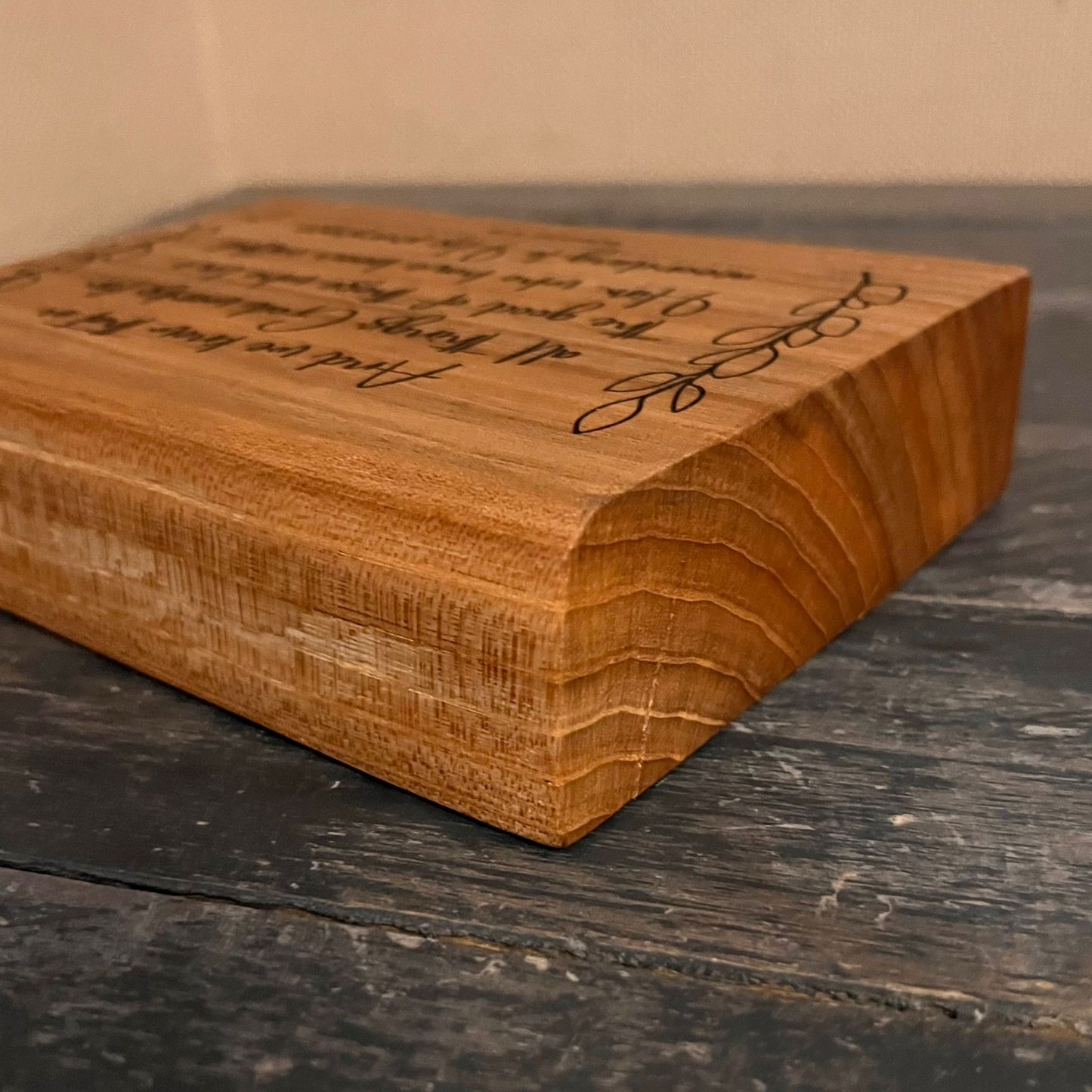 'God works for the good' Romans 8:28 laser engraved live edge plaque