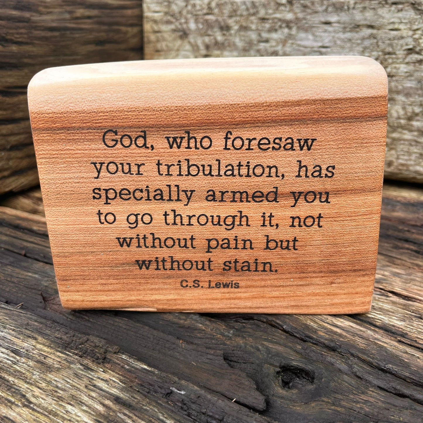 'God has armed you' live edge decorative plaque