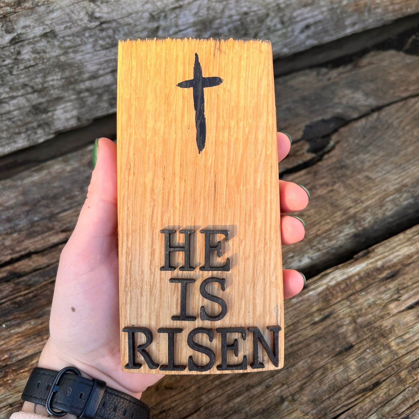 'He is risen' barrel plaque