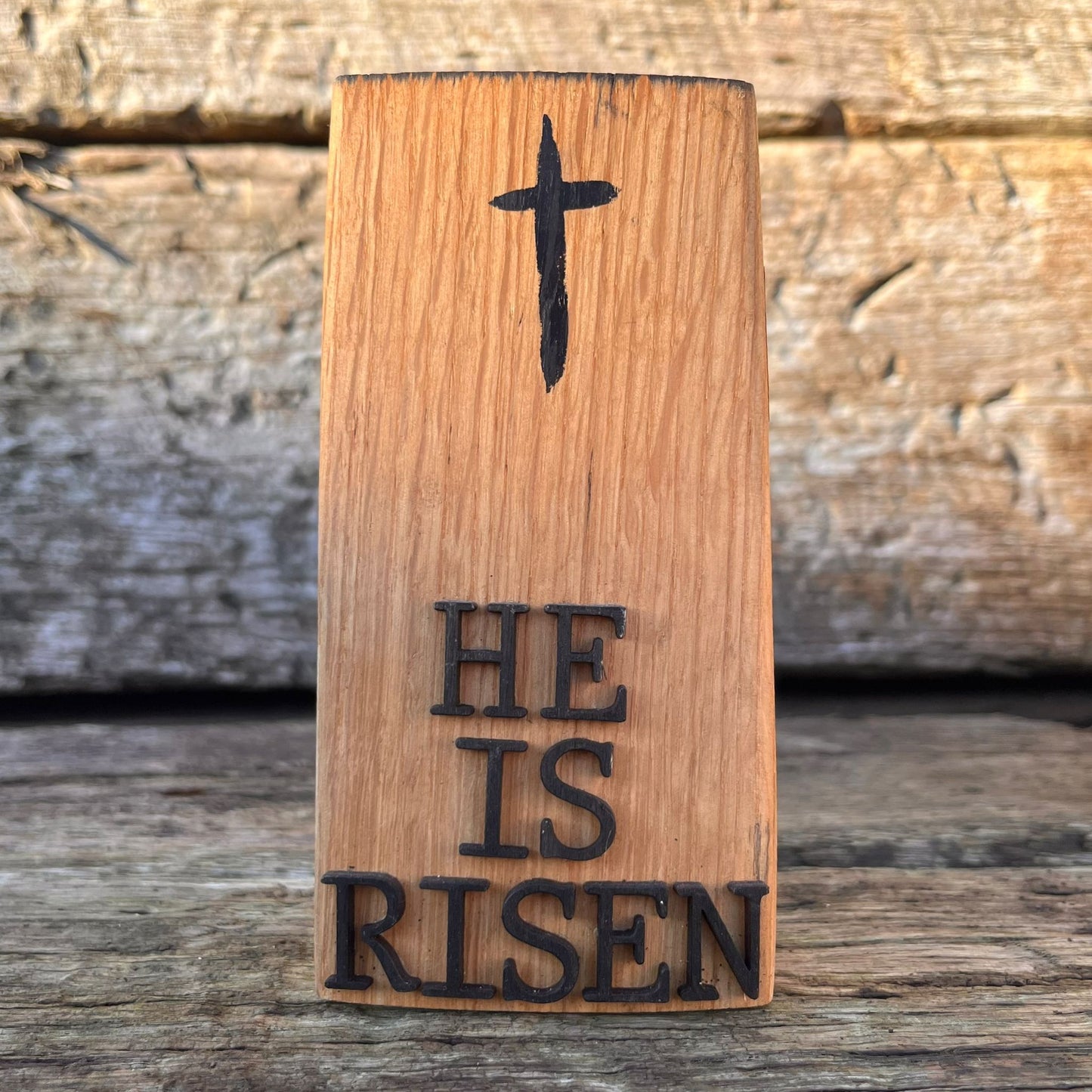 'He is risen' barrel plaque