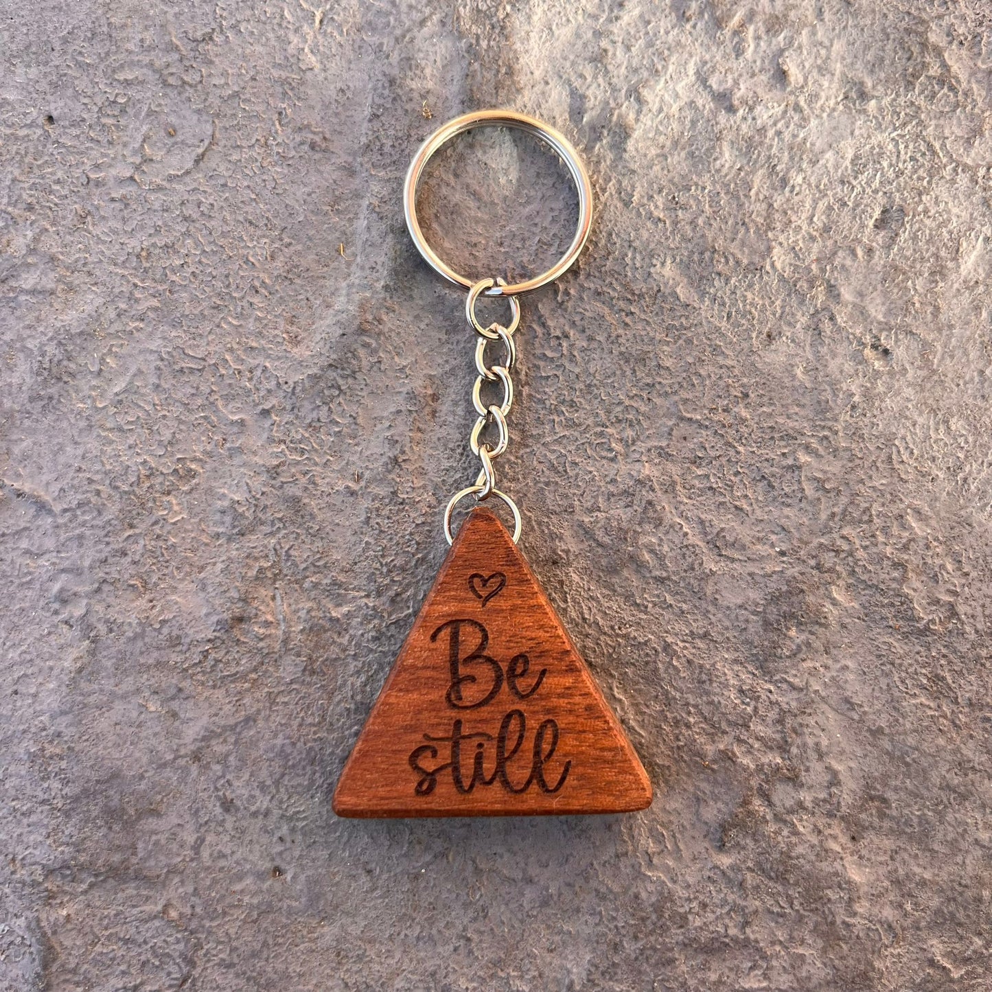 'Be still' solid walnut keyring