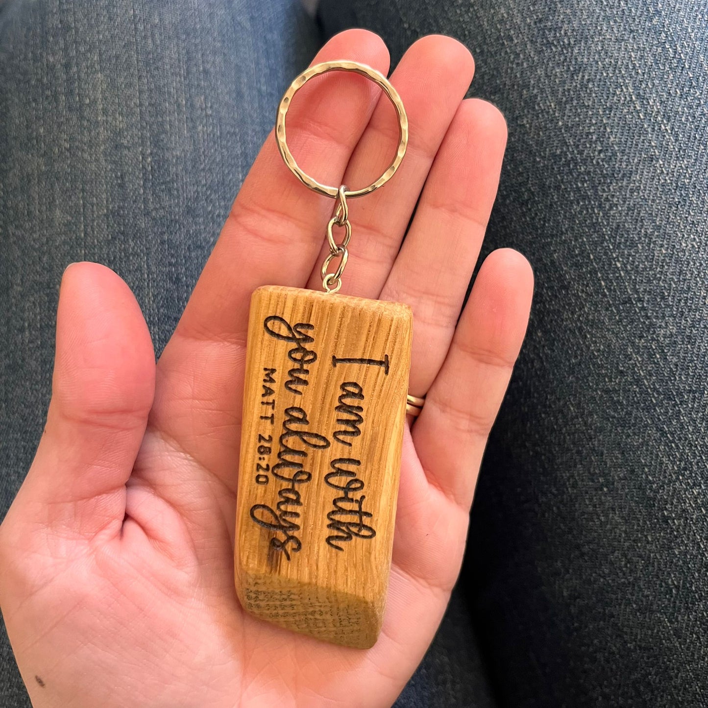 'I am with you always' solid oak barrel keyring