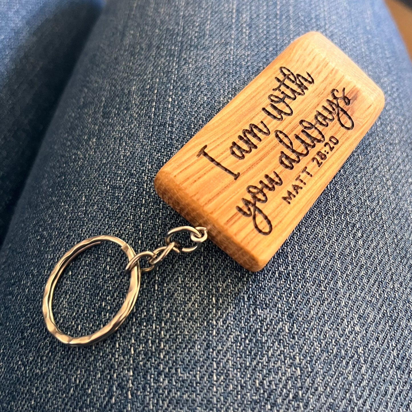 'I am with you always' solid oak barrel keyring