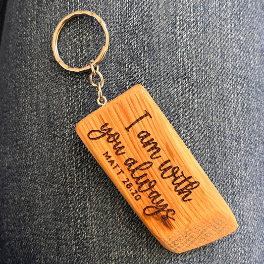 'I am with you always' solid oak barrel keyring