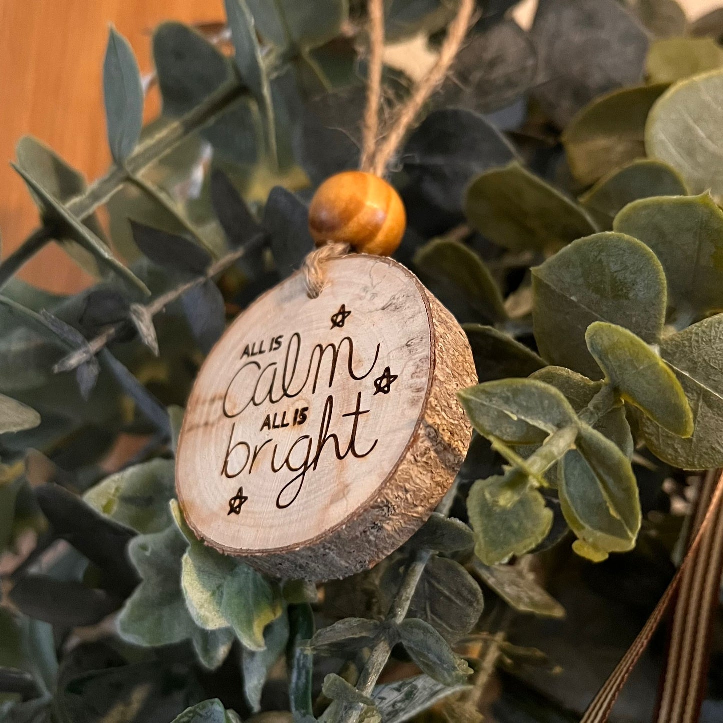 ❆ ‘All is calm' log slice Christmas bauble