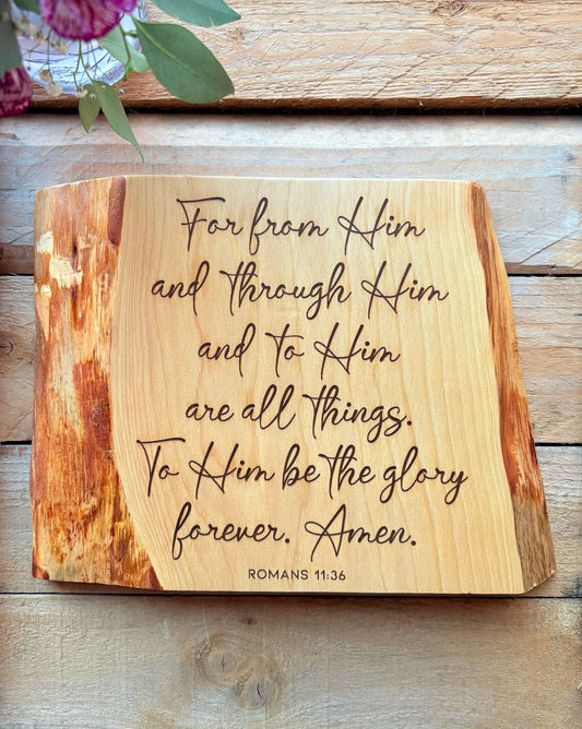 'To Him be the glory' - large Lebanese cedar decorative plaque