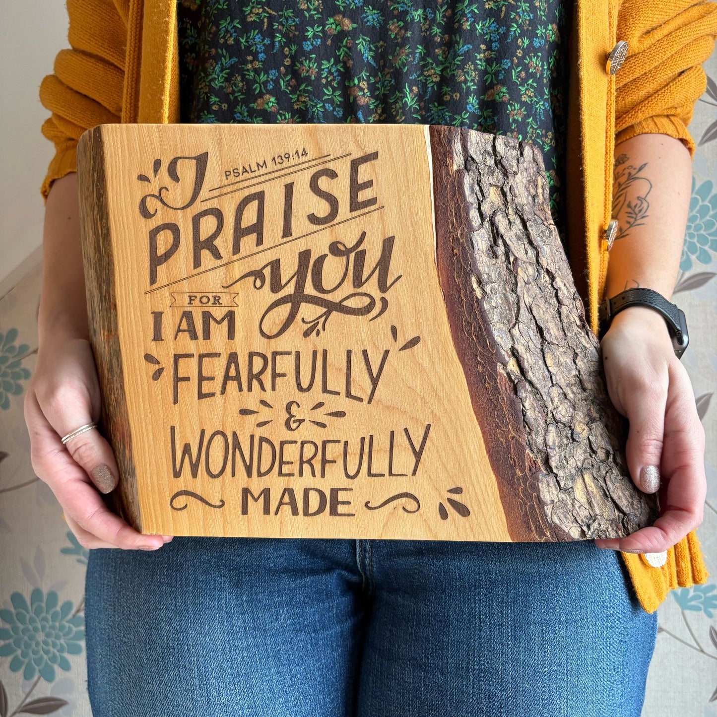 'I praise you for I am fearfully and wonderfully made' large live edge Lebanese cedar plaque