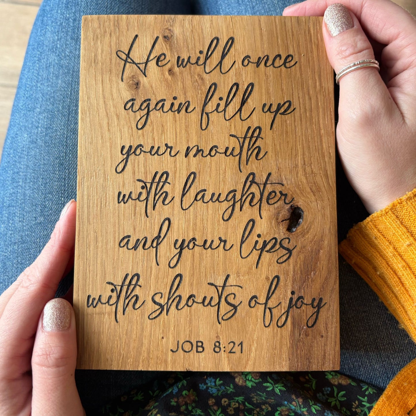 'He will once again fill up your mouth with laughter' solid wood decorative plaque