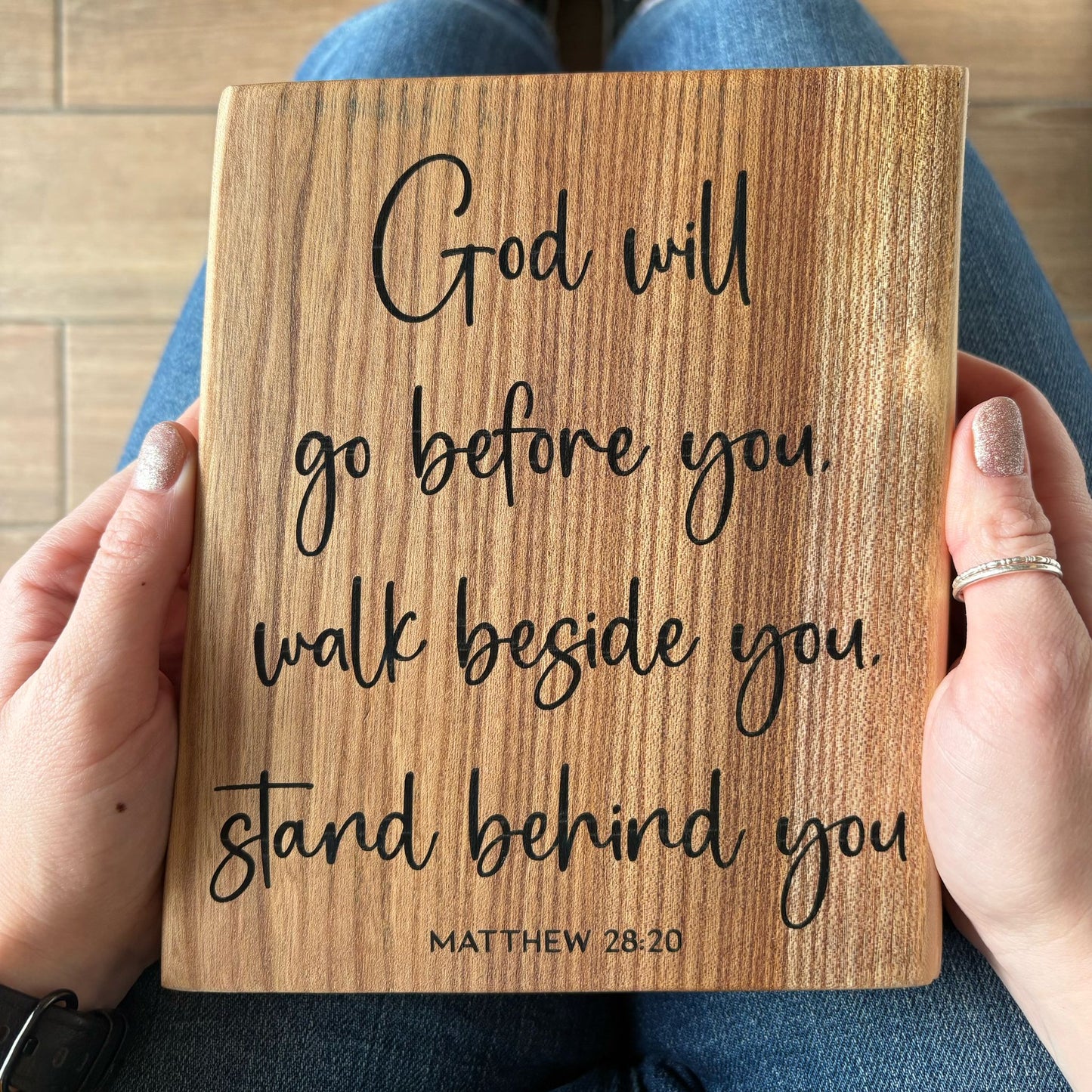 'God will go before you, walk beside you, stand behind you' - solid wood decorative plaque