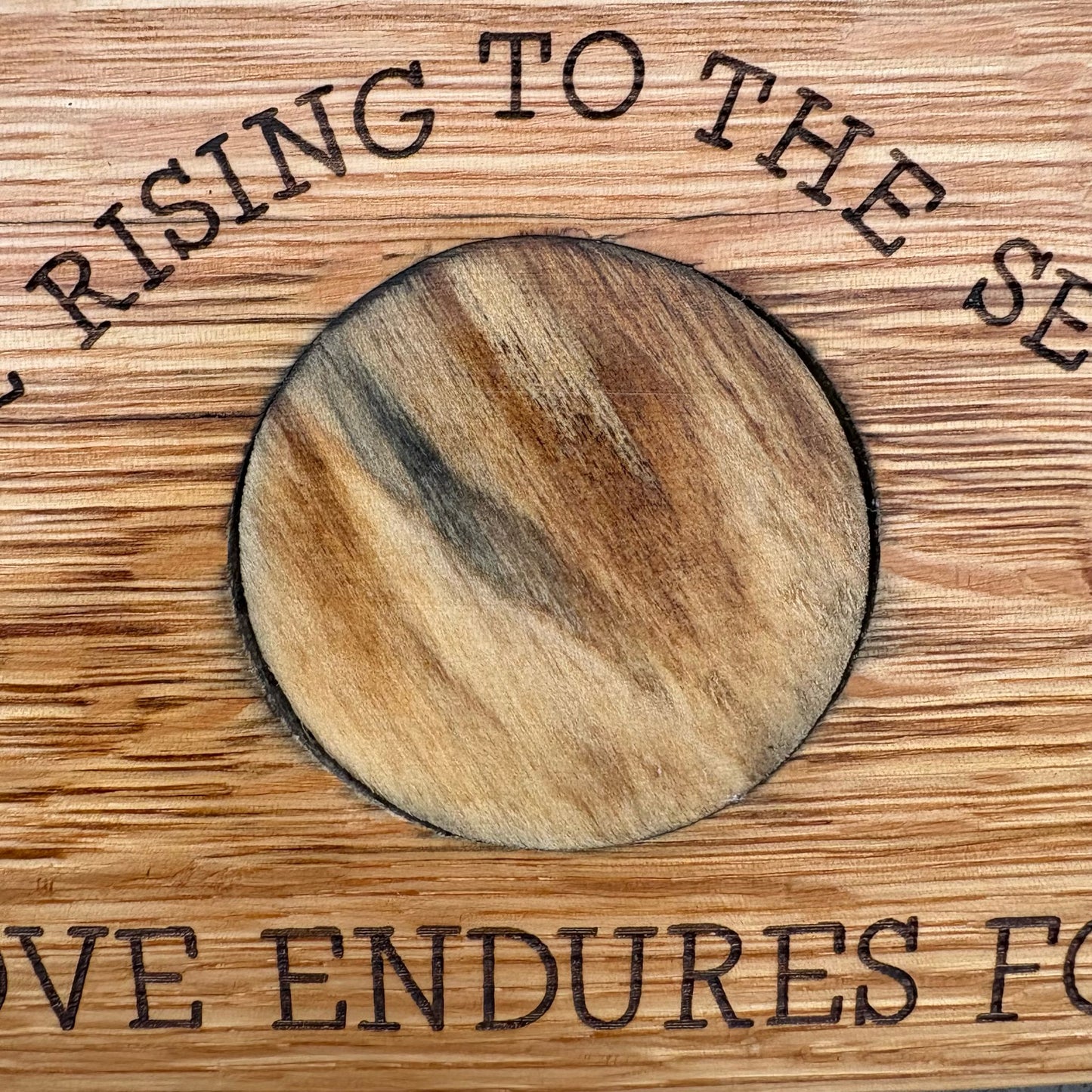 'His love endures forever' laser engraved white oak plaque