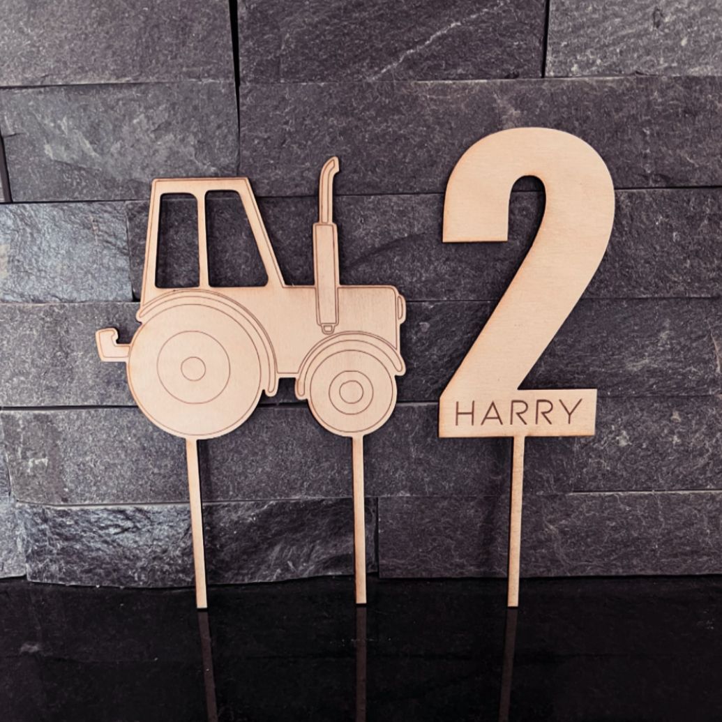 Personalised wooden tractor cake toppers - set of 2