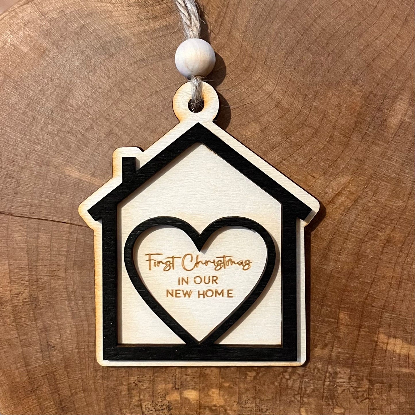 ❆ *SALE - END OF LINE* 'First Christmas in our new home' wooden Christmas bauble