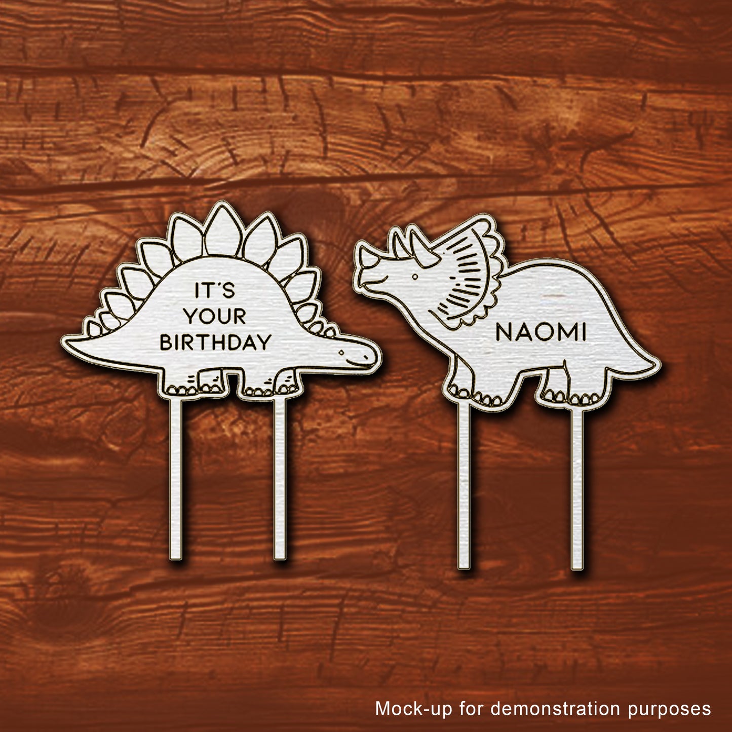 Personalised wooden dinosaur cake toppers - set of 2