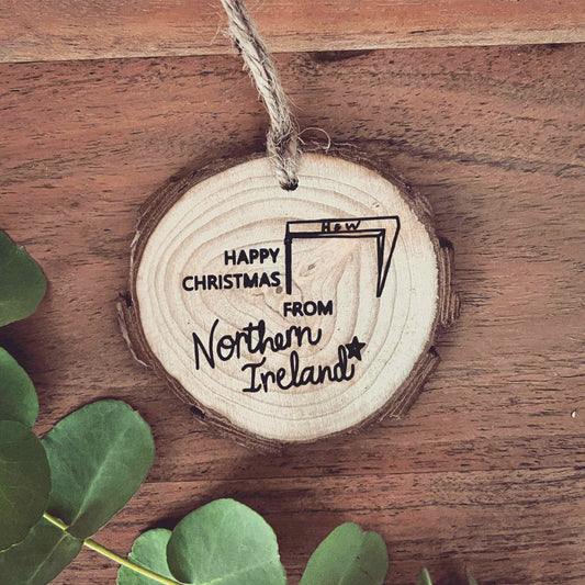 ❆ SALE - END OF LINE❆ 'Merry Christmas from NI' log slice Bauble