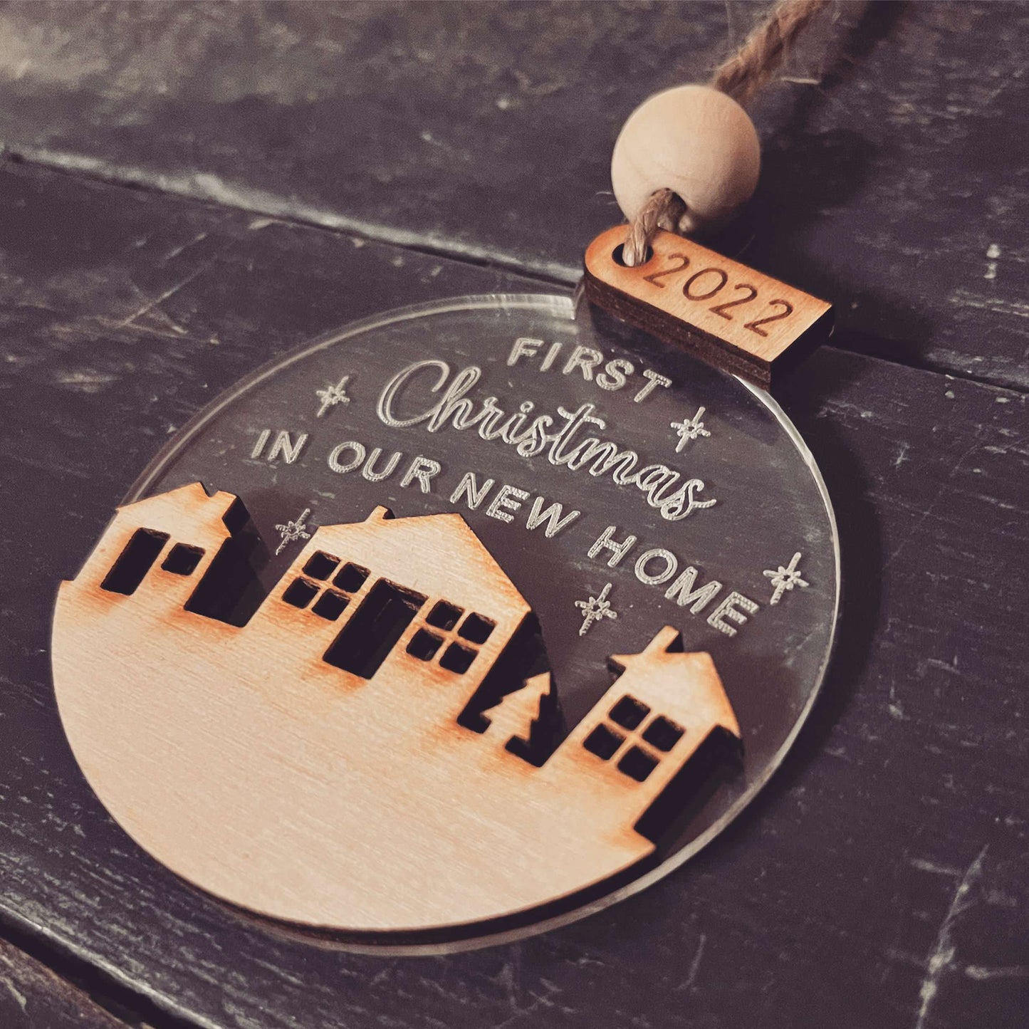 ❆ 'First Christmas in our new home' - wood/acrylic Christmas bauble