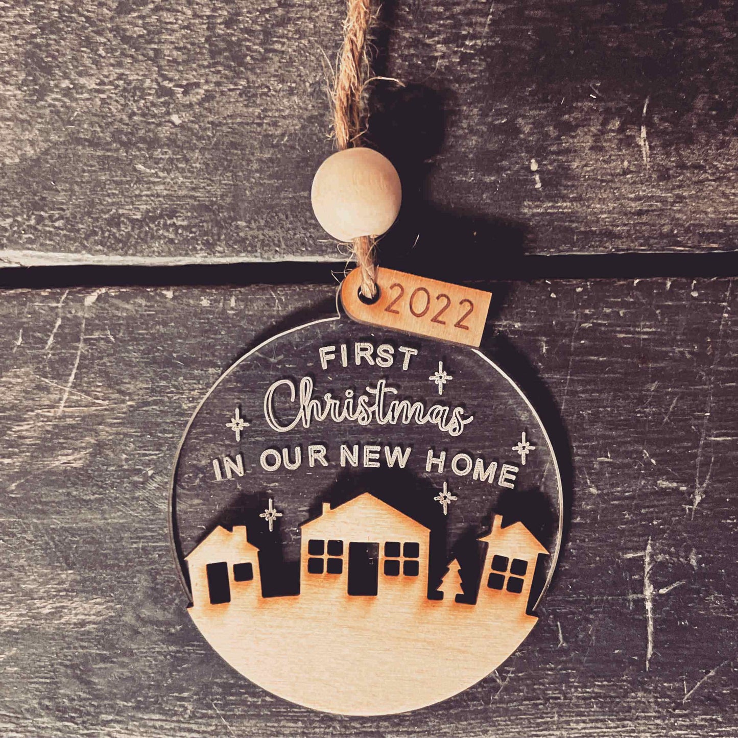 ❆ 'First Christmas in our new home' - wood/acrylic Christmas bauble